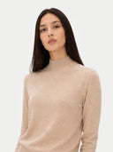 Women's Warm Grey Cashmere Mock Neck Sweater worn by model, detail view on white background