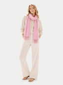 Cashmere Fringed Scarf Sweet Lilac worn by model, detail view on white background