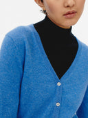 Blue cashmere cardigan on a light gray background. #color_blue