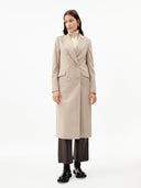 Women's Cashmere Peak Lapel Long Coat Taupe worn by model detail view on white background