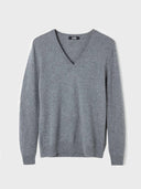Men's Grey Cashmere V-Neck Sweater detail view on white background  