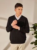 Men's Black Cashmere V-Neck Sweater  worn by model, detail view on white background