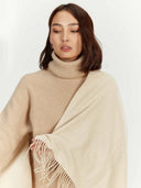Women's Cashmere Woven Scarf Beige worn by model, detail view on white background