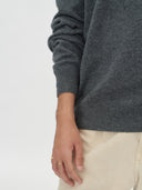 Man wearing a dark gray sweater and beige pants on a white background
