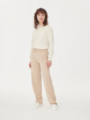 Women's Cashmere  Straight Leg Jogger Beige worn by model, front view on white background