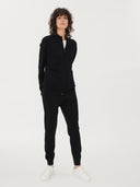 Women's Black Cashmere Full-Zip Cardigan worn by model, front view on white background