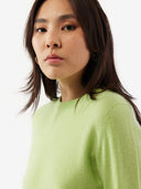 Person wearing a green cashmere sweater  on a white background. #color_jade-green