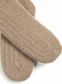 Unisex Cashmere Trim Knit Bed Socks Taupe detail view on white background