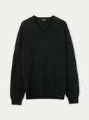 Men's Black Cashmere V-Neck Sweater  detail view on white background