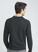 Men's Charcoal Cashmere Polo Sweater worn by model, back view on white background