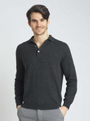 Men's Charcoal Cashmere Polo Sweater worn by model, detail view on white background