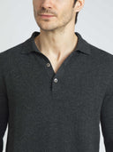 Men's Charcoal Cashmere Polo Sweater worn by model, detail view on white background