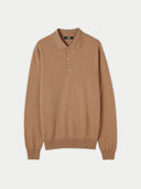 A beige cashmere polo sweater with a round neckline and long sleeves. #color_light-brown