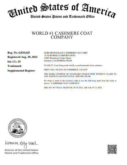 Der Name "World #1 Cashmere Coat Company" wurde offiziell geschützt.