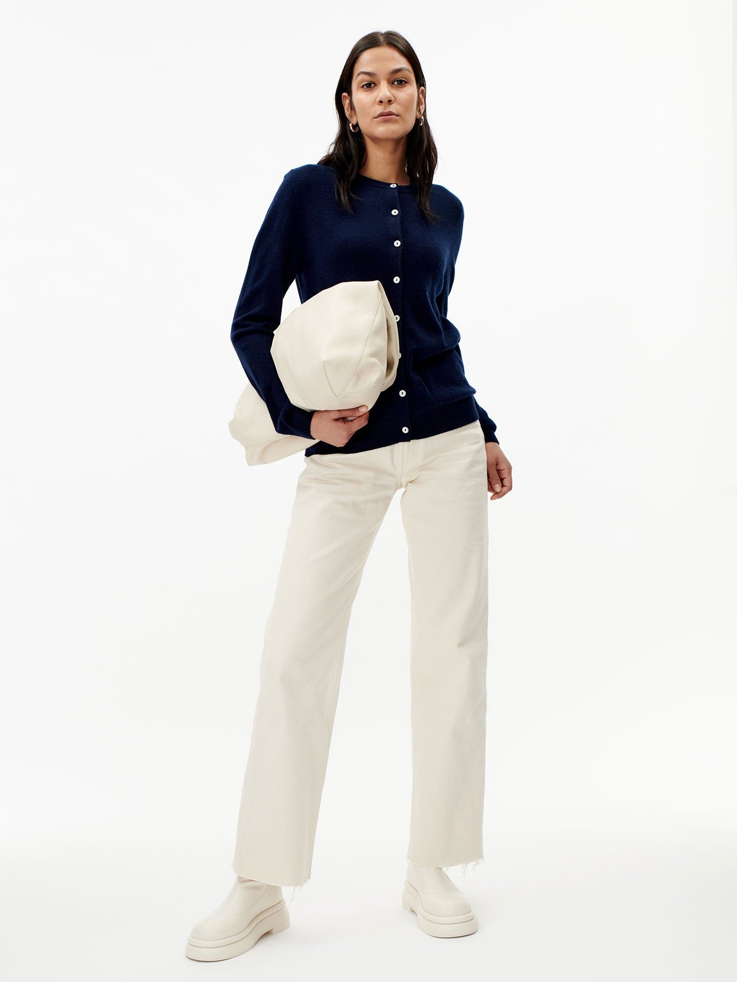 Damen Kaschmir R-Ausschnitt Strickjacke Marineblau - Gobi Cashmere