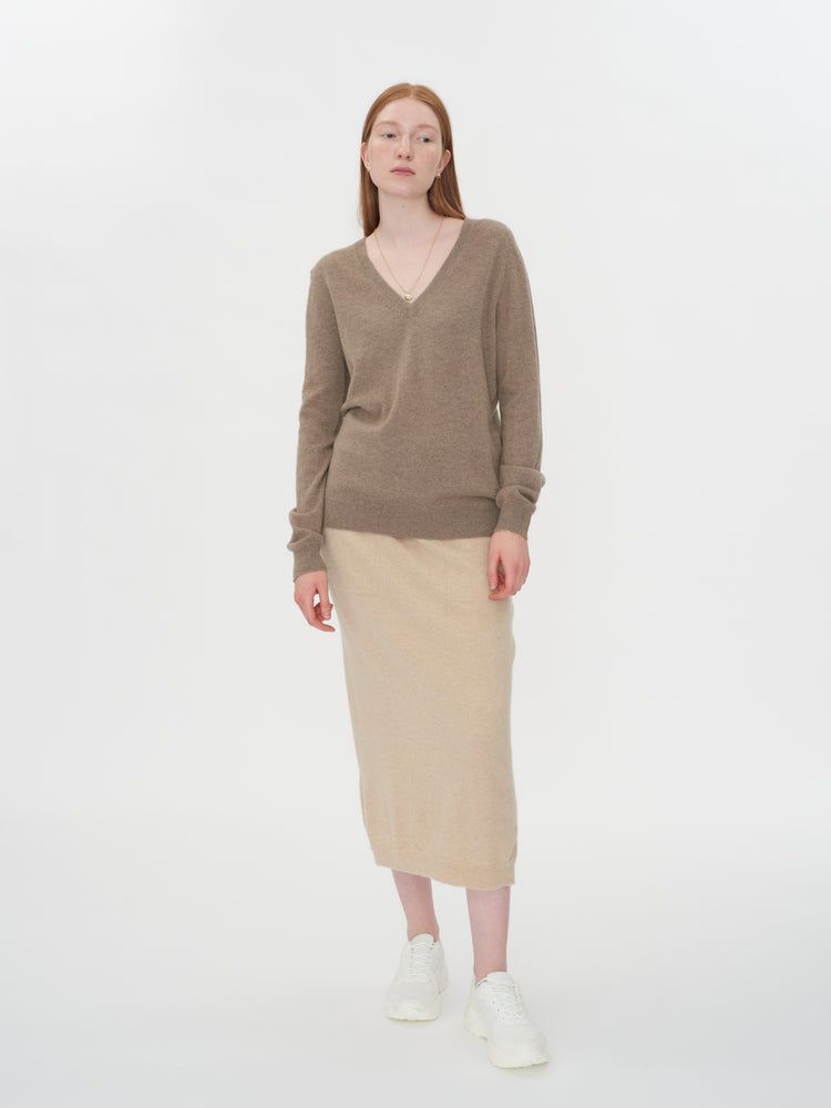 Damen Kaschmir Basic V-Ausschnitt Pullover Taupe - Gobi Cashmere