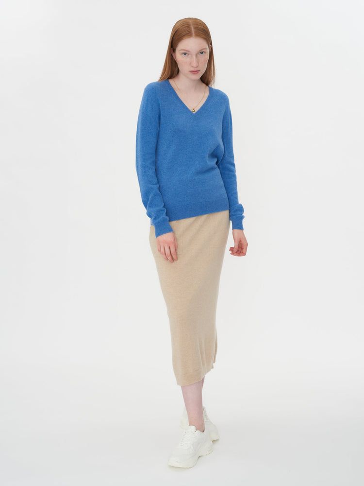 Damen Kaschmir Basic V-Ausschnitt Pullover Blau - Gobi Cashmere