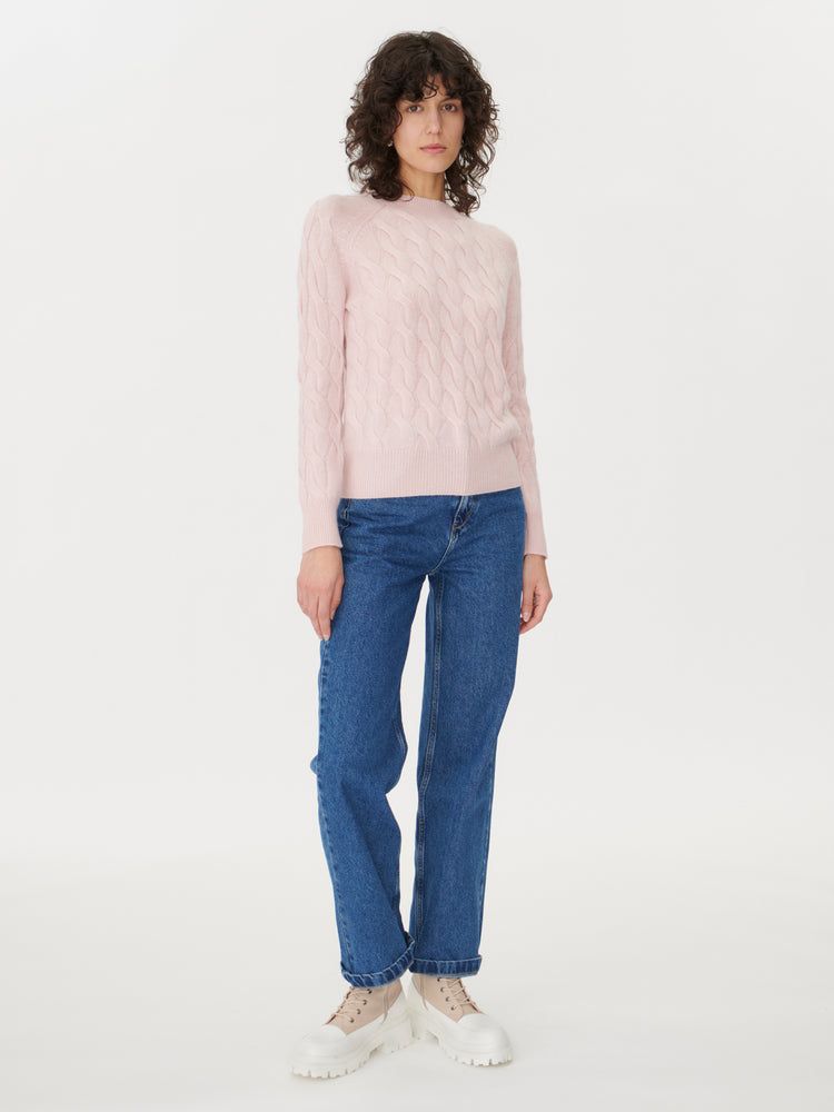 Damen Kaschmir R-Ausschnitt Pullover Mit Zopfmuster Rosenwasser - Gobi Cashmere