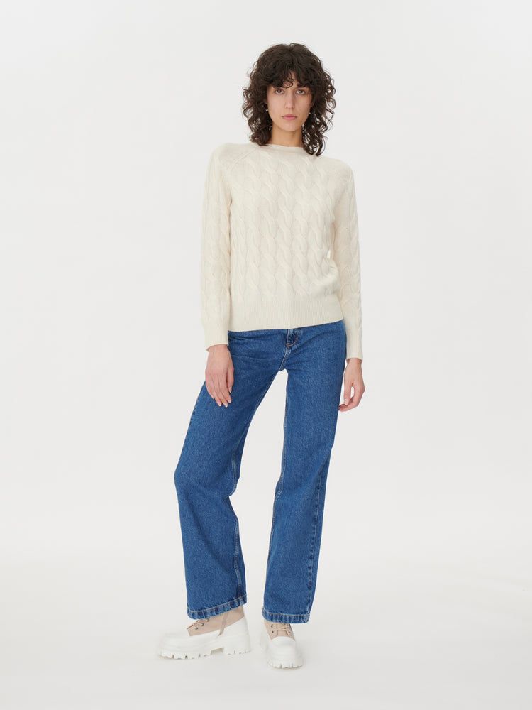 Damen Kaschmir R-Ausschnitt Pullover Mit Zopfmuster Marshmallow - Gobi Cashmere
