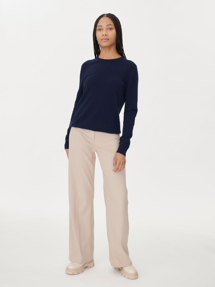 Damen Kaschmir Basic R-Ausschnitt Pullover Marineblau - Gobi Cashmere