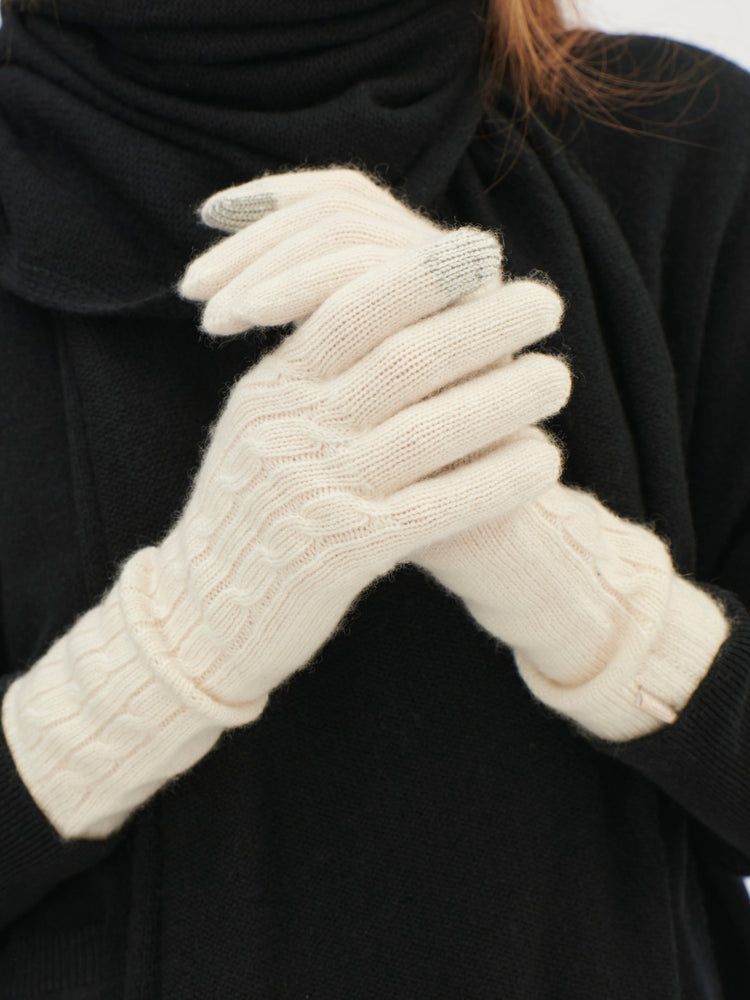 Unisex Handschuhe Mit Zopfmuster Aus Kaschmir Gebrochenes Weiß - Gobi Cashmere