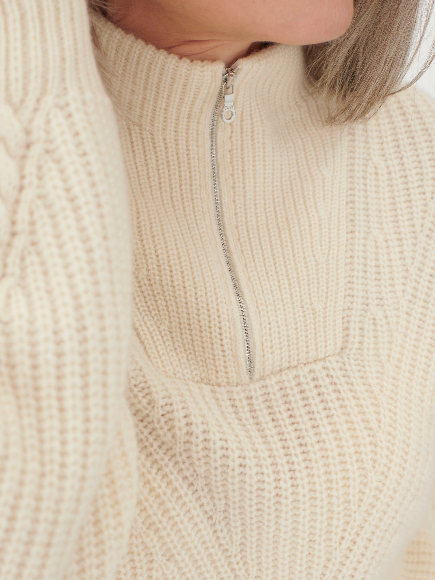 Pull côtelé zippé en cachemire blanc - Gobi Cashmere 