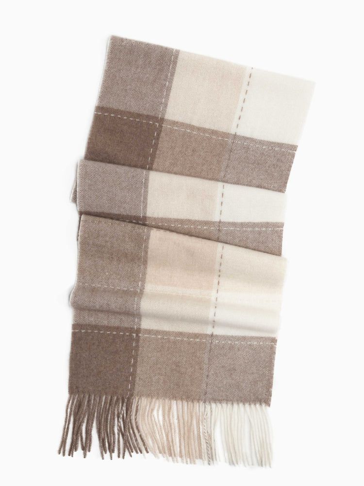 Unisex Cashmere Woven Checked Tassel Scarf Taupe - Gobi Cashmere