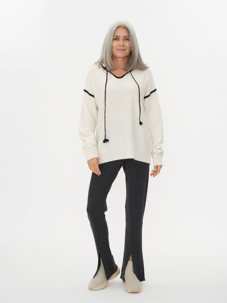 Women's Cashmere Contrast Trimmed Hoodie White - Gobi Cashmere