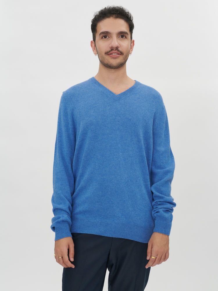 Men's Cashmere V-Neck Sweater Blue - Gobi Cashmere