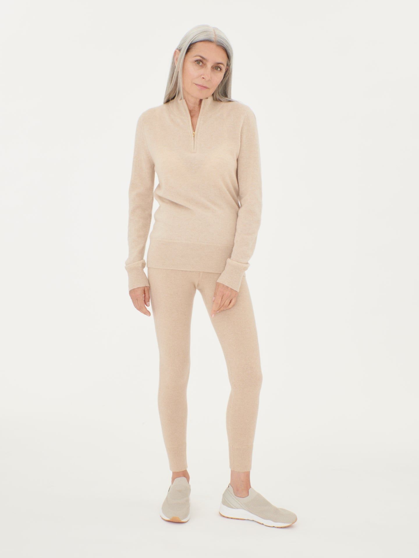 Women's Cashmere Zipped High Neck Sweater Beige - Gobi Cashmere