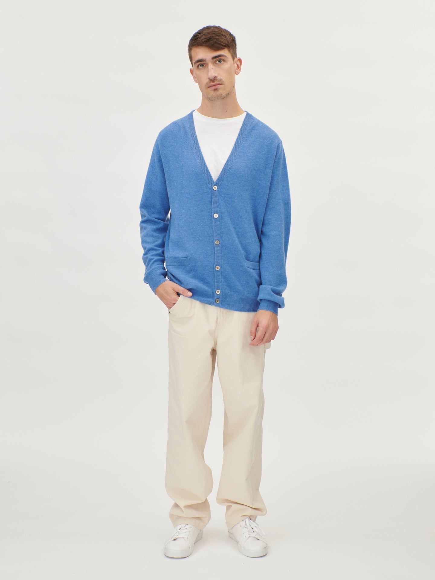 Men's Cashmere V-neck Cardigan Blue - Gobi Cashmere