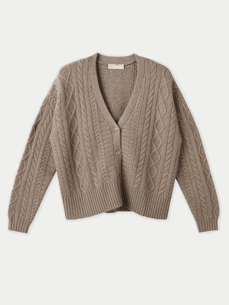 Women's Cashmere Chunky Cable Cardigan Taupe - Gobi Cashmere