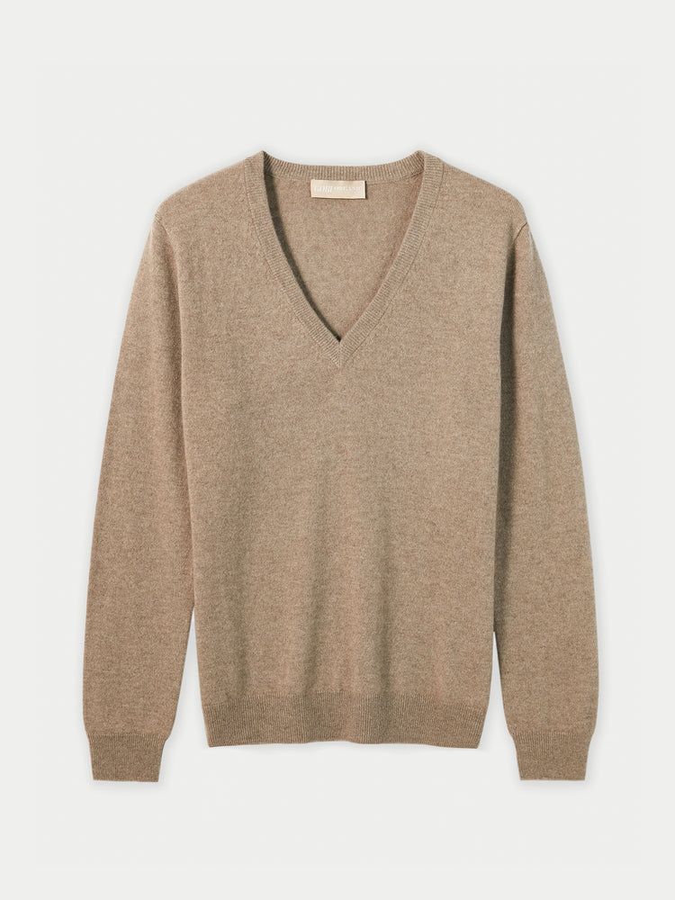 Men's Cashmere V-Neck Sweater Taupe - Gobi Cashmere