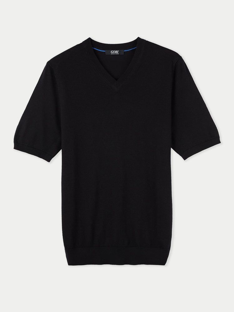 Men's Silk Cashmere V-neck T-shirt Black - Gobi Cashmere