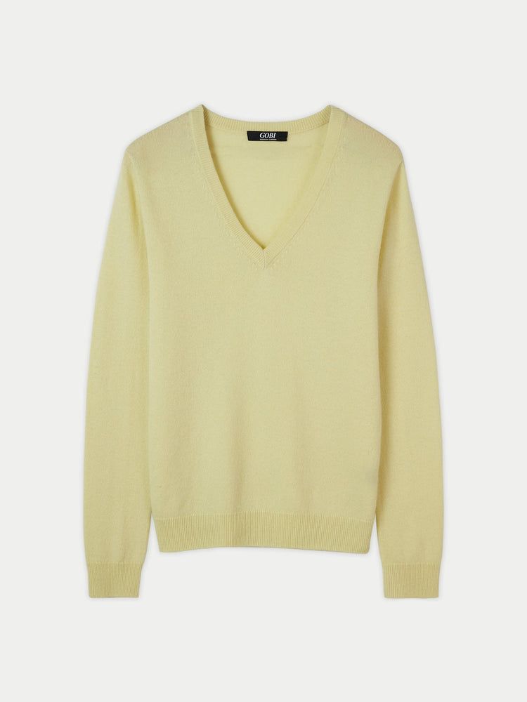 Women's Cashmere Basic V-Neck Sweater Tender Yellow - Gobi Cashmere