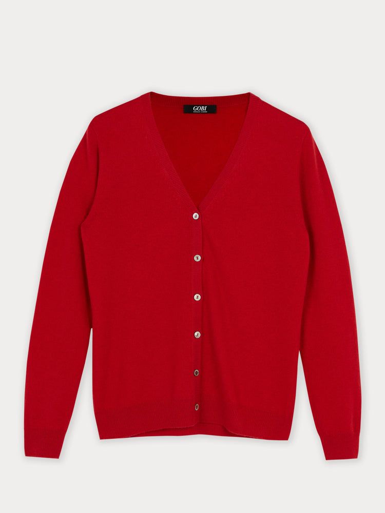 Women's Cashmere V-neck Cardigan Red - Gobi Cashmere
