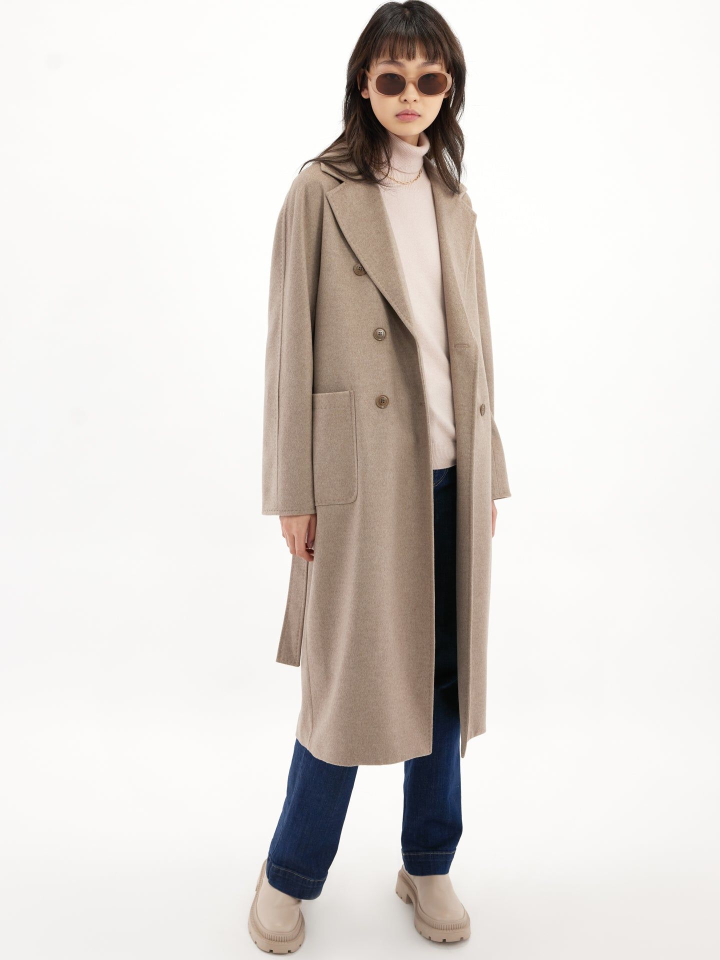 Women's Cashmere Double-Breasted Long Coat Taupe - Gobi Cashmere