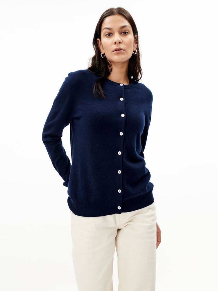 Women's Cashmere Round Neck Button Cardigan Navy -  Gobi Cashmere