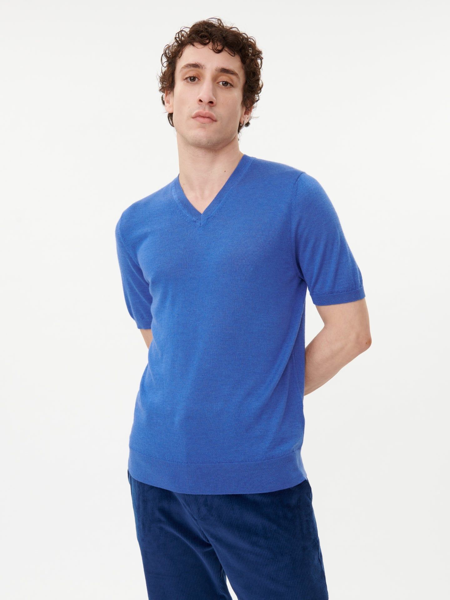 Men's Cashmere V-neck T-shirt Nautical Blue - Gobi Cashmere