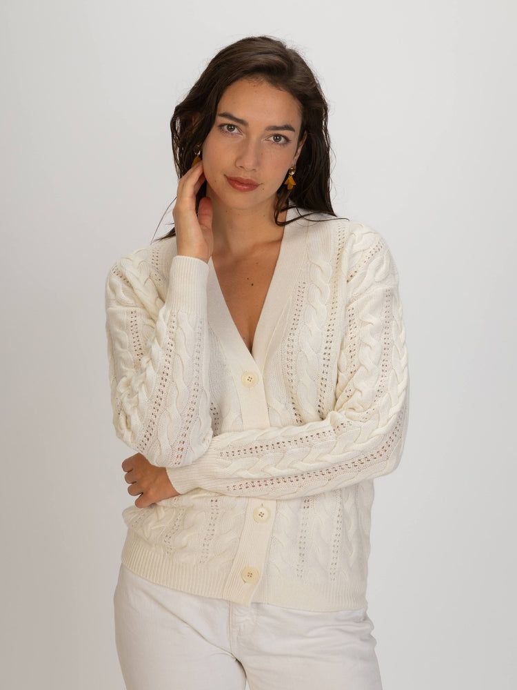 Women's Cashmere Cable Knitted Cardigan White - Gobi Cashmere