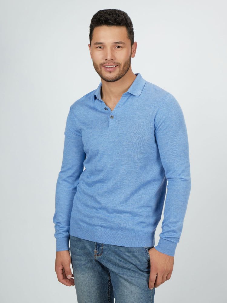 Men's Silk Cashmere Polo Sweater Blue - Gobi Cashmere