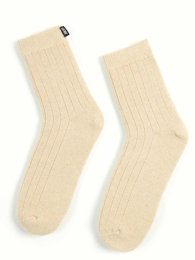 Organic Color Unisex Cashmere Trim Knit Bed Socks Beige - Gobi Cashmere