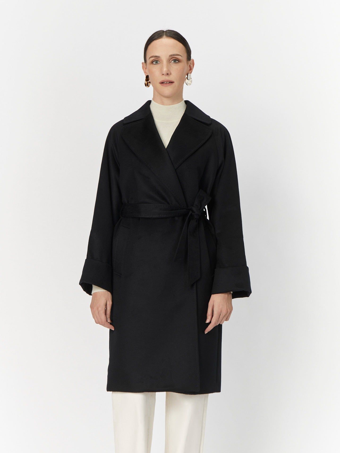 Women's Cashmere Tie-Waist Coat Black - Gobi Cashmere