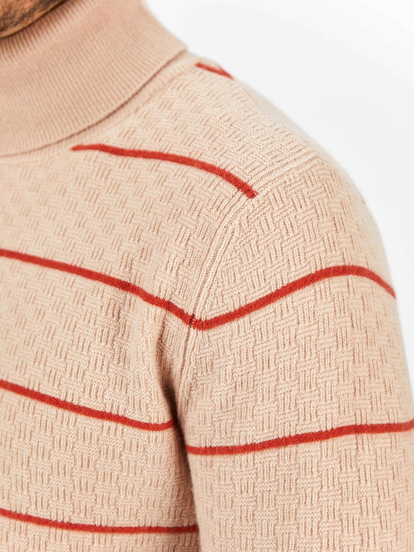 Men's Cashmere Textured High Neck Sweater With Stripes Toasted Almond - Gobi Cashmere 