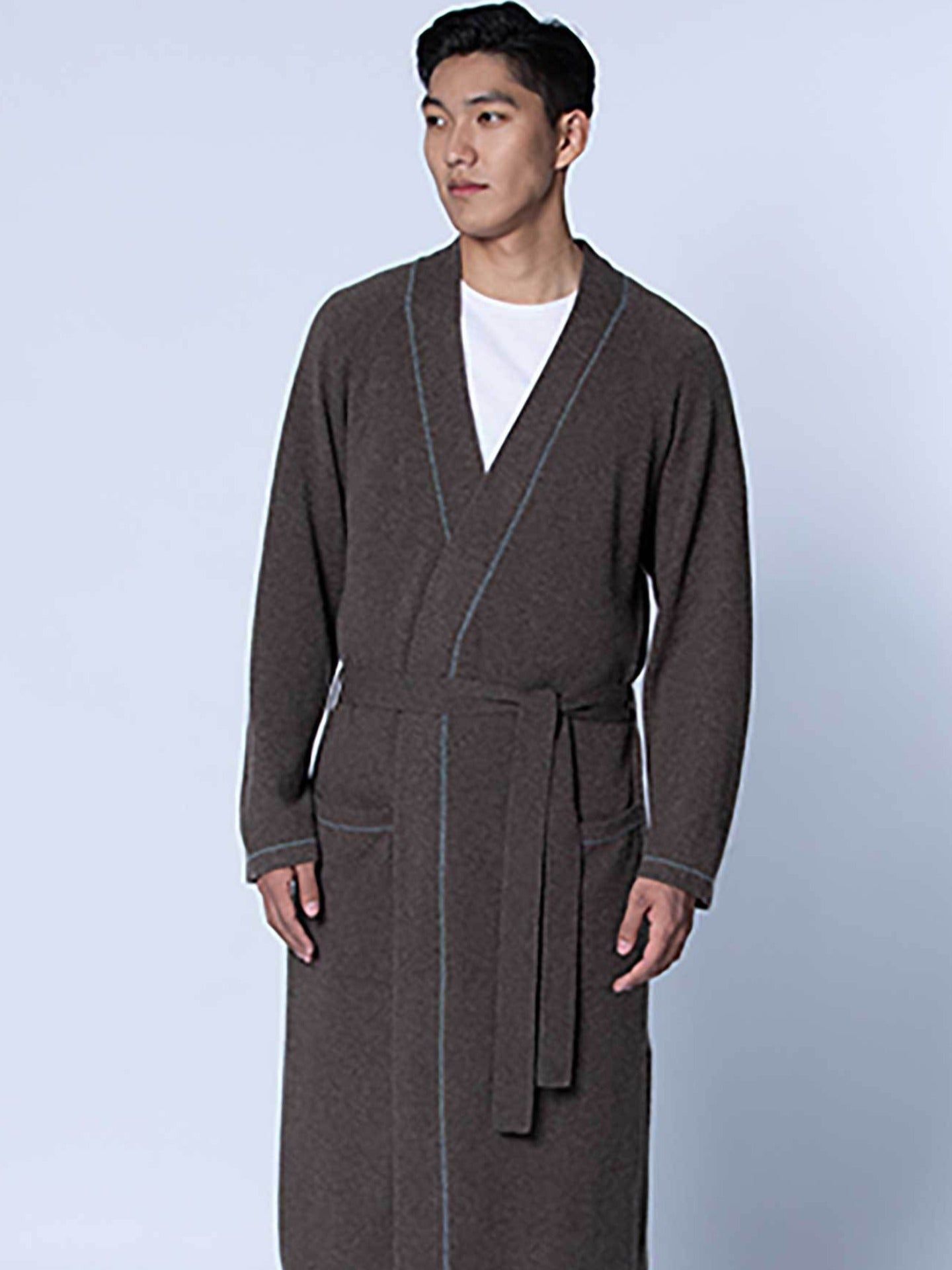 Men's Cashmere Contrast-Tipped Robe Cocoa -  Gobi Cashmere