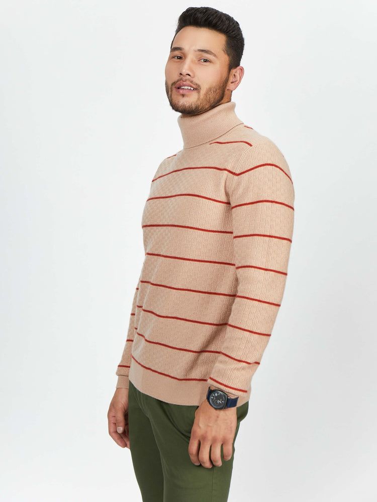 Men's Cashmere Textured High Neck Sweater Toasted Almond - Gobi Cashmere 