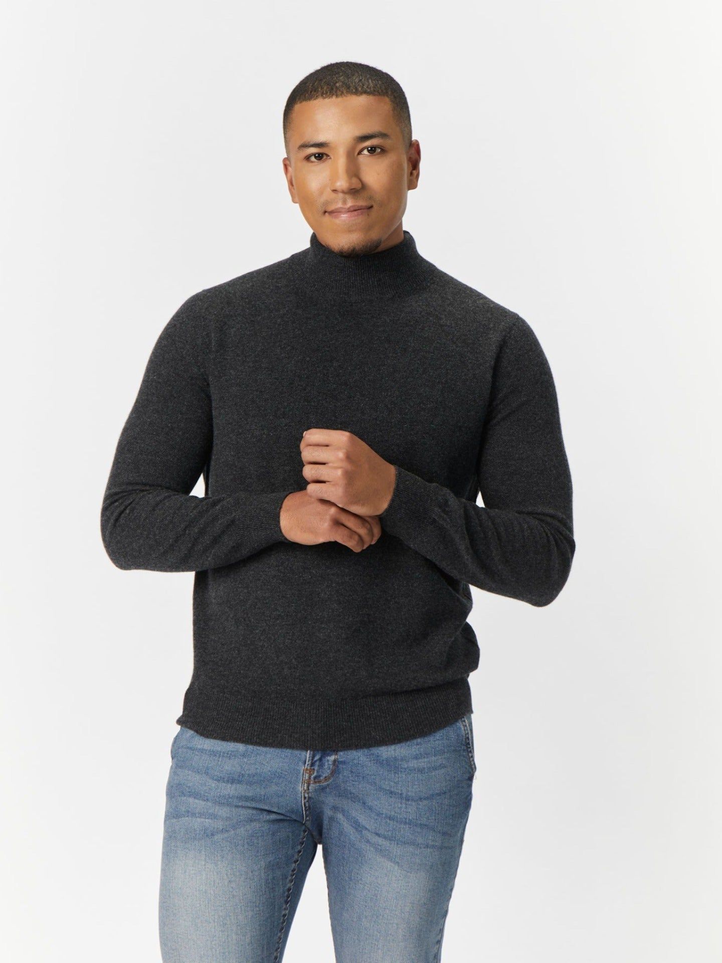 Men's Cashmere Basic Mock Neck Sweater Charcoal - Gobi Cashmere