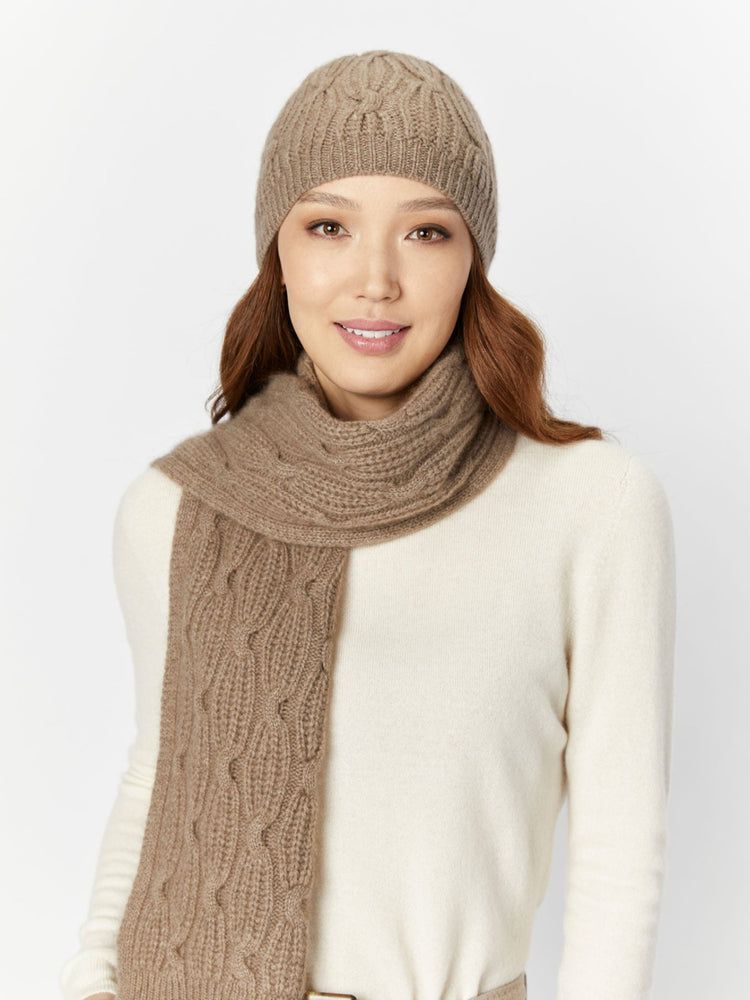 Women's Cashmere Cable Knit Hat and Scarf Set Taupe -  Gobi Cashmere