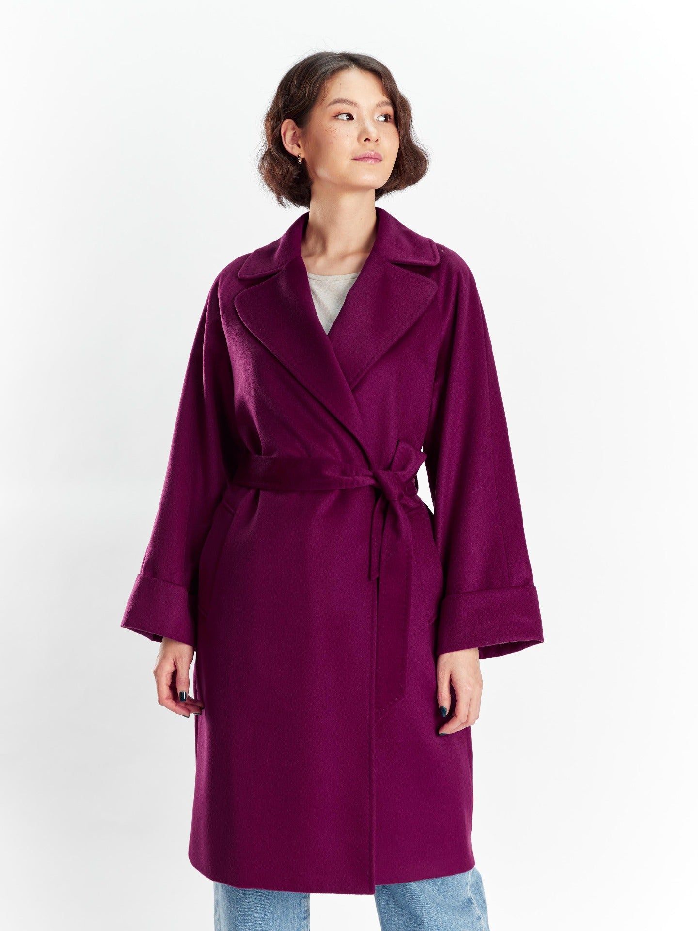 Women's Cashmere Tie-Waist Coat Dark Purple - Gobi Cashmere