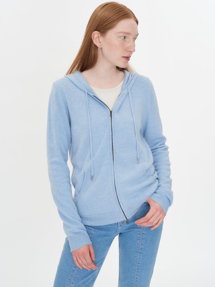 Women's Cashmere Full-Zip Hoodie Light Blue - Gobi Cashmere